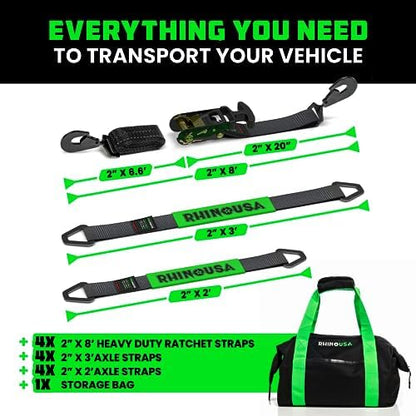 Rhino USA Car Tie Down Straps for Trailers with Snap Hooks (4-Pack) -2" x8' (10,000lb Break Strength) - Heavy Duty T-Handle Car Hauler Tire and UTV Axle Straps, Powersports & More - Black