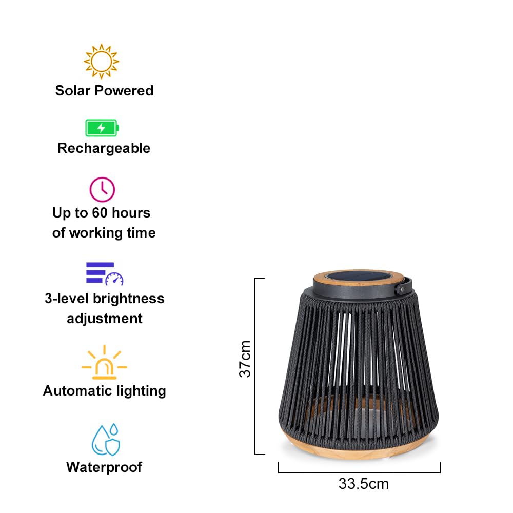 Teak Solar Lantern Outdoor, Solar & USB Rechargeable Floor Lamp, Woven Rope Modern Table Light, 3-Level Dimmable Waterproof Decor for Patio, Garden & Yard (Sicily Black Small)