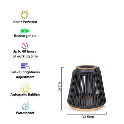Teak Solar Lantern Outdoor, Solar & USB Rechargeable Floor Lamp, Woven Rope Modern Table Light, 3-Level Dimmable Waterproof Decor for Patio, Garden & Yard (Sicily Black Small)