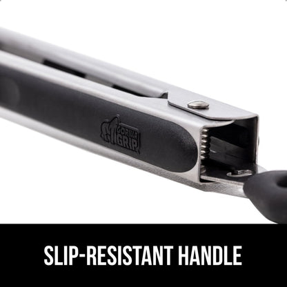 GORILLA GRIP Stainless Steel Heat Resistant Kitchen Tongs for Cooking, Set of 2 BBQ Tong, Non Scratch Silicone Tip for Pans, Strong Grip, Grab Food, Toss Salad, Air Fryer, Pull Lock, 7 + 9 Inch, Black