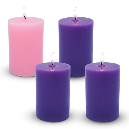 Set of 4 2x3 Inch Advent Pillar Candles, Dripless Unscented Purple and Pink Candles for Christmas Advent Holiday Season - 24 Hours Burn Time