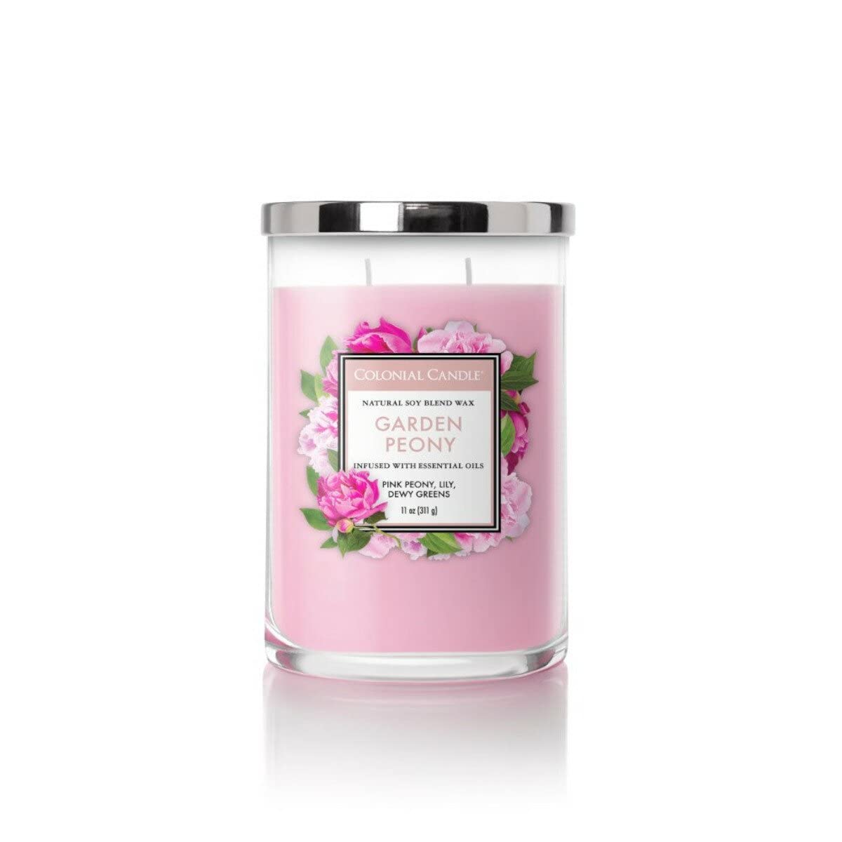 Colonial Candle Garden Peony Scented Jar Candle, Classic Cylinders Collection, 2 Wick, Red, 11 oz - Up to 80 Hours Burn