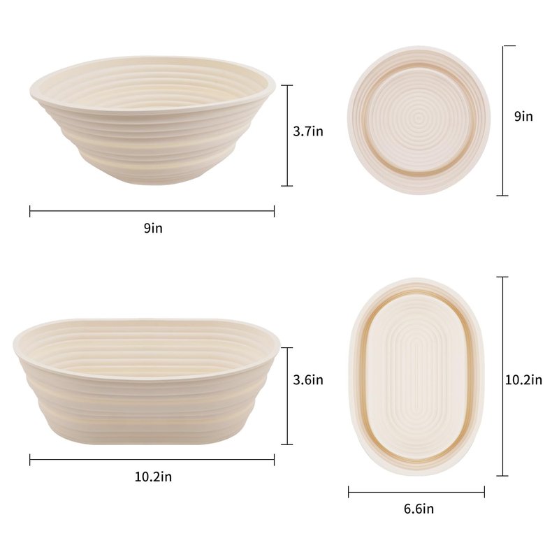 2Pcs Silicone Banneton Bread Proofing Baskets, 10" Oval & 9" Round Foldable Non-Stick Dough Proofing Bowl Containers-BPA Free, Optimum Sourdough Bread Baking Supplies(Beige)