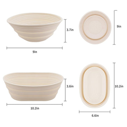 2Pcs Silicone Banneton Bread Proofing Baskets, 10" Oval & 9" Round Foldable Non-Stick Dough Proofing Bowl Containers-BPA Free, Optimum Sourdough Bread Baking Supplies(Beige)