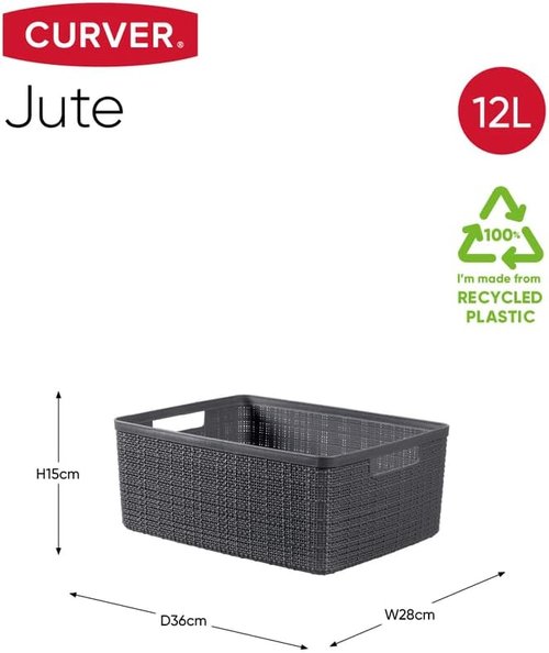 CURVER Jute Basket - 100% Recycled Plastic, Rectangular Design, 12L Capacity - Dark Grey