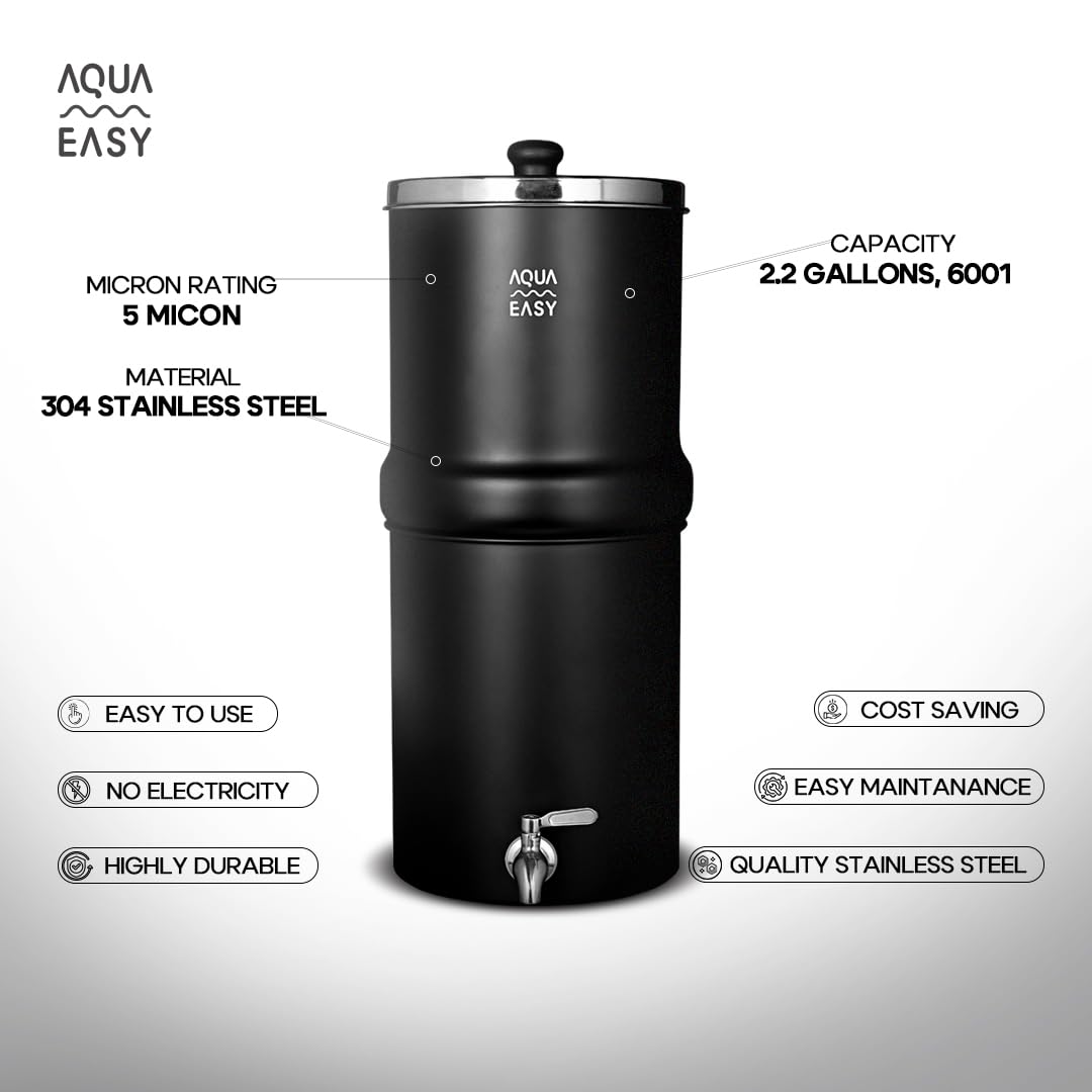 AquaEasy NSF/ANSI 372 Certified Stainless Steel Gravity Water Filter System (2.25 Gallon) 2X Activated Carbon Filter, Stainless Steel Tap and Wooden Stand | Countertop Water Filtration System (Black)