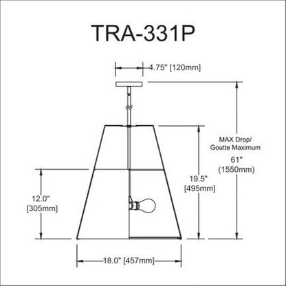 Dainolite Trapezoid Pendant Light, 3-Light, 180W, Black, Model TRA-331P-BK-WH