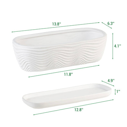 MyGift 12.5 inch Ceramic Planter, Modern Textured Rectangular Succulent Flower Plant Pot with Wave Design and Removable Drip Tray Saucer (White)