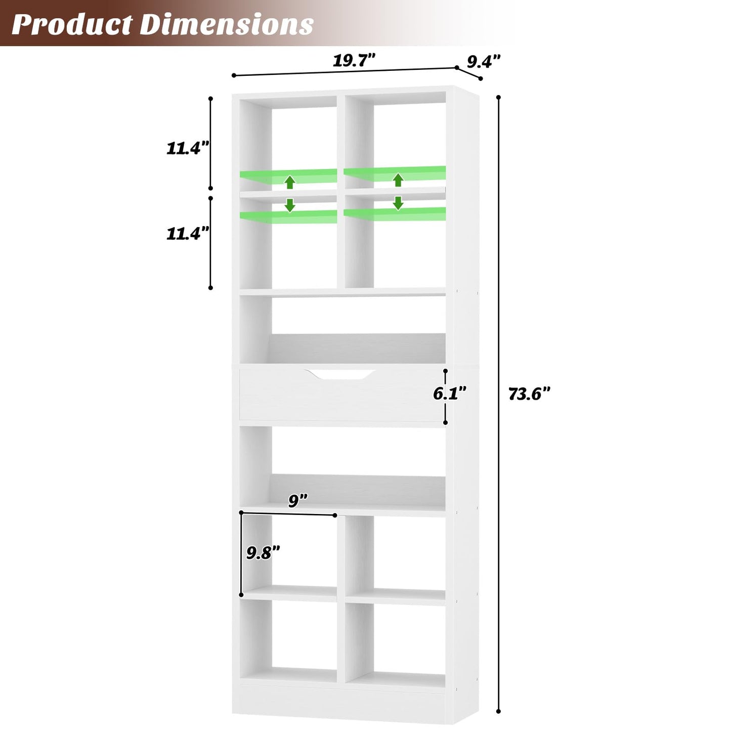 Armocity 8-Tier Tall Bookshelf with Drawer, 73.6" Narrow Freestanding Bookcase, Space-Saving Wood Display Shelves Storage for Living Room, Home Office Bedroom, White
