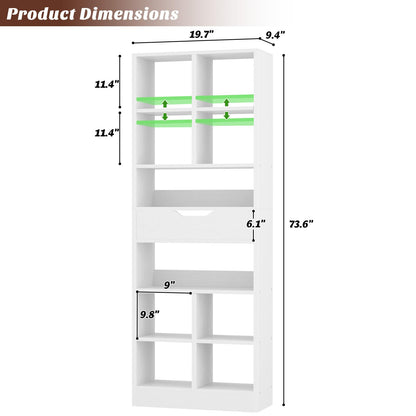 Armocity 8-Tier Tall Bookshelf with Drawer, 73.6" Narrow Freestanding Bookcase, Space-Saving Wood Display Shelves Storage for Living Room, Home Office Bedroom, White