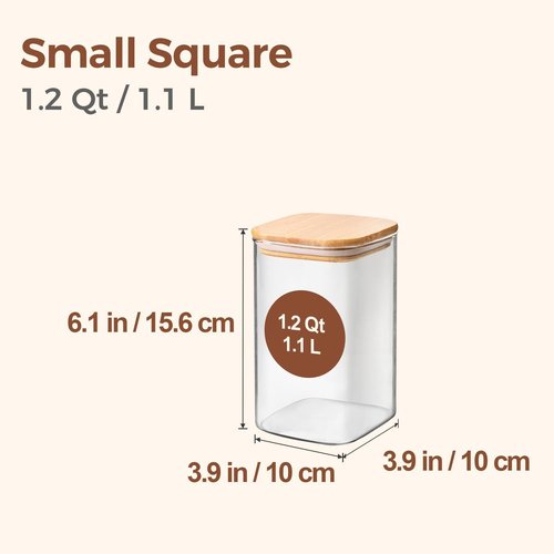 ComSaf Glass Storage Containers - 1.2 Qt Clear Food Jars with Lids | Set of 4 Square Canisters for Pantry