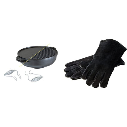 Lodge Cast Iron Cookware Set with Accessories - Five-Piece Cast Iron Cookware Set with Reversible Grill/Griddle, Wok, Handles and Leather Gloves