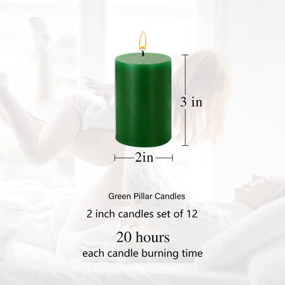 2x3 Green Pillar Candles, Set of 12, Holiday Candles, Unscented for Christmas, Home Decor
