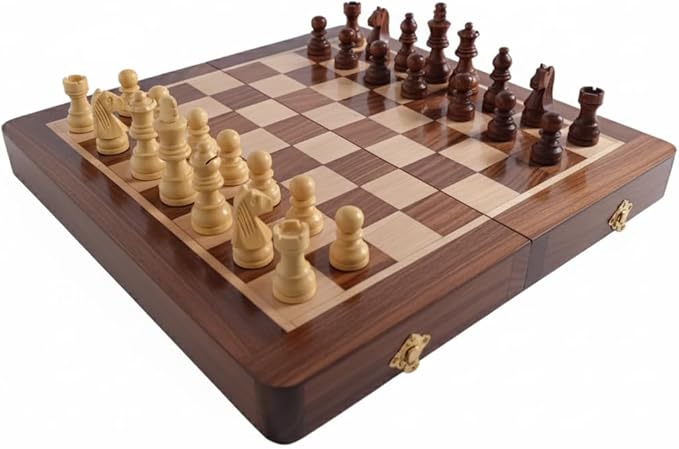 | Personalized Wooden Chess Set | Magnetic Folding Travel Chess Board with Storage &amp 2 Extra Queens (18 x 18 Inch Brown)