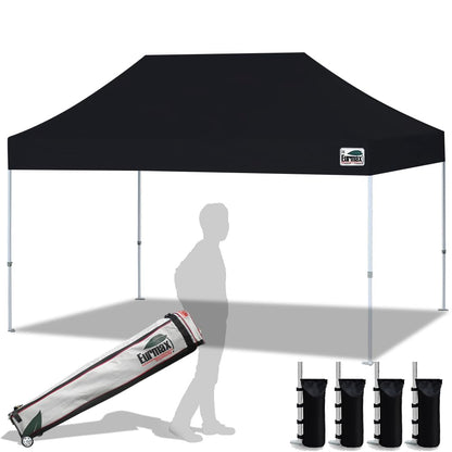 Eurmax USA 10x15ft Pop Up Canopy, Commercial Instant Tent for Outdoor Events, Patented No-Tip Rolling Storage Bag with 4 Sandbags,UV & Water Resistant,Heavy Duty Portable Shelter Gazebo,Black