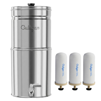 Culligan MaxClear 3 Gallon Gravity Water Filter System, Polished Stainless-Steel Countertop Water Filter NSF/ANSI Certified to Reduce Microplastics, Lead & Total PFAS, with 3 Ceramic Filters