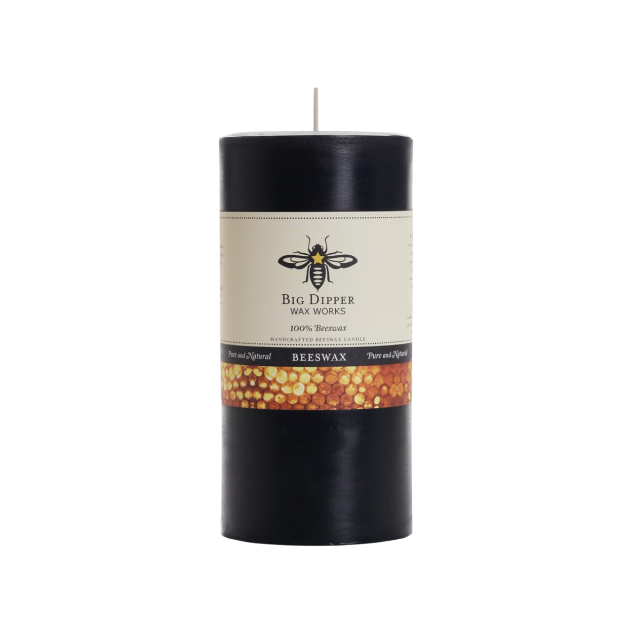 Big Dipper Wax Works Black Pillar Candle, 90-Hour Long Burn, Pure Beeswax Candle, 3" x 6”