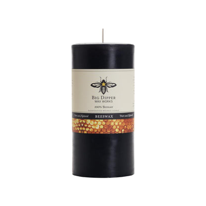 Big Dipper Wax Works Black Pillar Candle, 90-Hour Long Burn, Pure Beeswax Candle, 3" x 6”