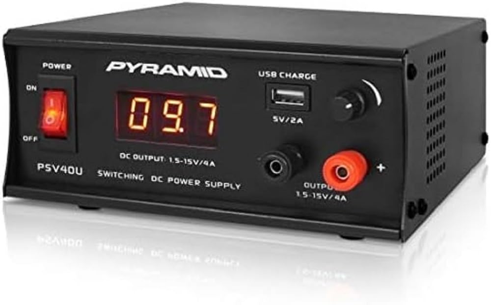 Pyramid Universal Compact Bench Power Supply - 4 Amp Regulated Benchtop AC-DC Converter Power Supply for CB Radio, HAM w/ 120/240V AC Switchable to 1.5V-15 Volt DC, USB, Digital LCD Display PSV40U