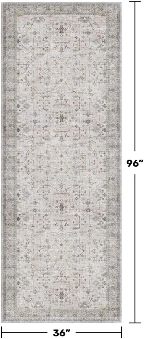 Hazo Haus Floral Hallway Runner - Light Gray & Taupe, Washable Non-Slip Rug for Kitchen & Bathroom