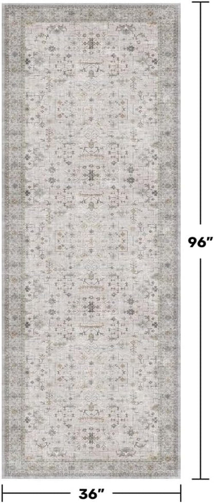 Hazo Haus Floral Hallway Runner - Light Gray & Taupe, Washable Non-Slip Rug for Kitchen & Bathroom