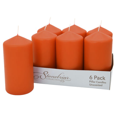 Stonebriar Unscented Pillar Candles – 65 Hour Burn Time, Long-Lasting Wax Candles for Weddings, Holidays, Home Décor & Special Events, Pack of 6, Orange, 3" x 6"
