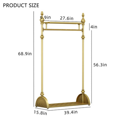 Clothing Rack Gold, Industrial Clothes Rack for hanging Clothes with Double Shelves Freestanding Multi-functional Heavy Duty Garment Rack, Metal Movable Coat Rack for Organizing Clothes Shoes