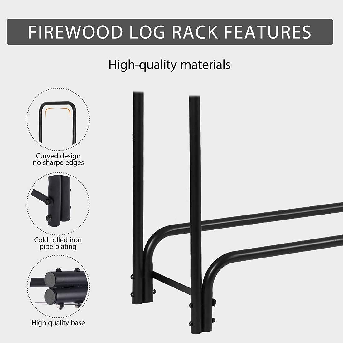 VIVOHOME 8ft Heavy Duty Indoor Outdoor Firewood Storage Log Rack with Cover Combo, Black, 1.2mm Steel Tube