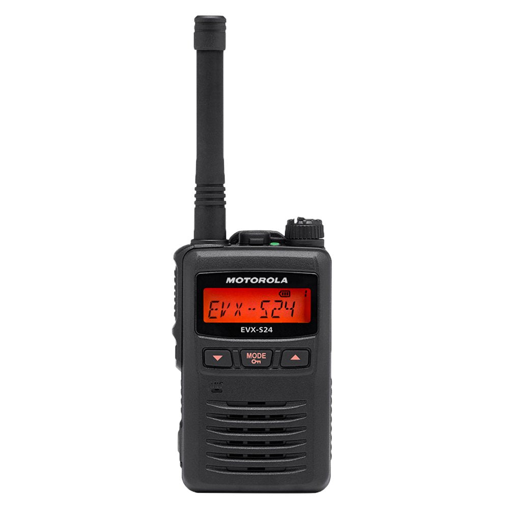 2 Motorola EVX-S24 Digital UHF Display Radio & 2 MH-89A4B C-Ring Headsets Designed for Your Security Team Black