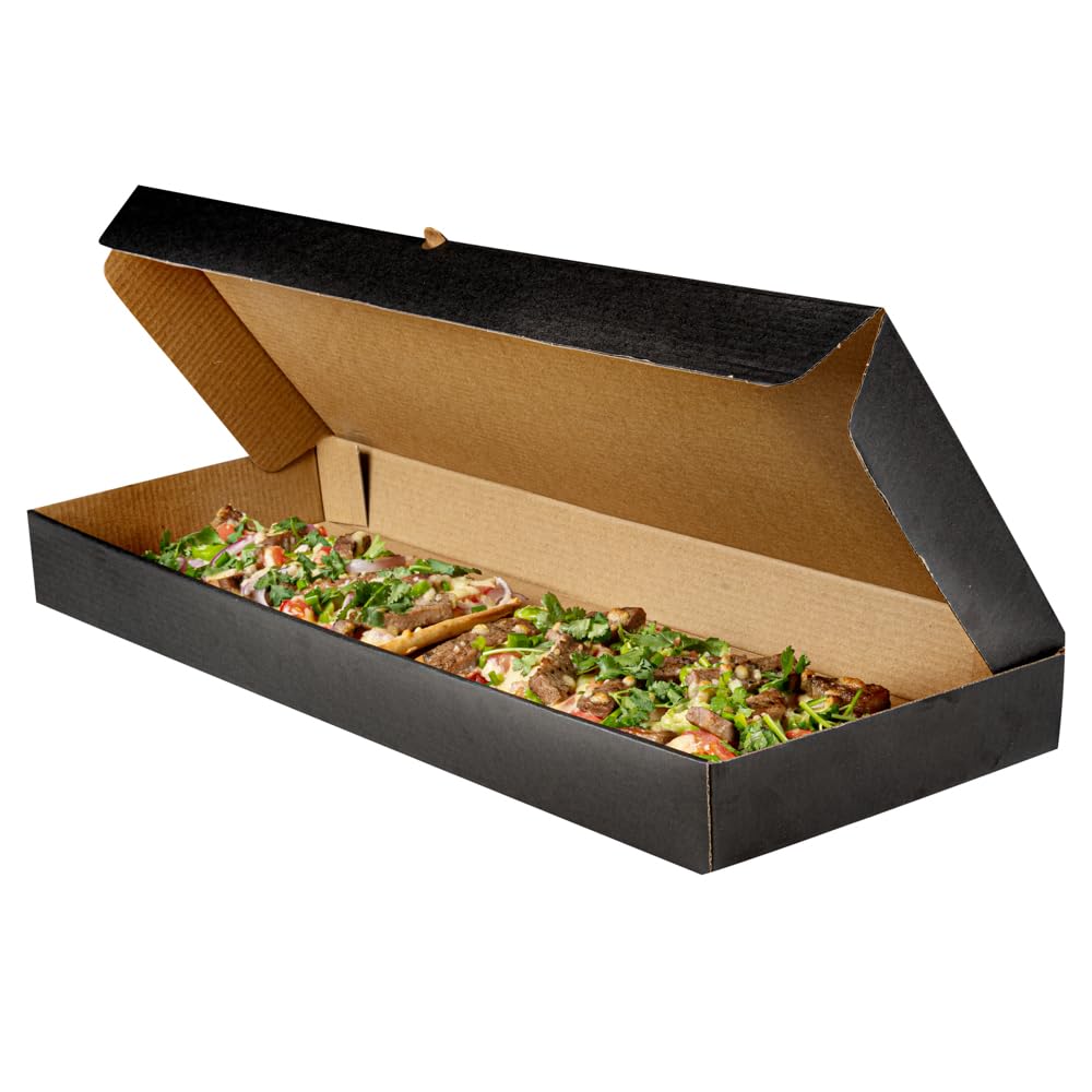 Restaurantware Eco Pie 24 x 12 x 2 Inch Flatbread Takeaway Boxes 50 Sturdy Corrugated Pizza Boxes - E-Flute Design Tab-lock System Black and Kraft Paper Pizza Boxes Disposable For Flatbreads