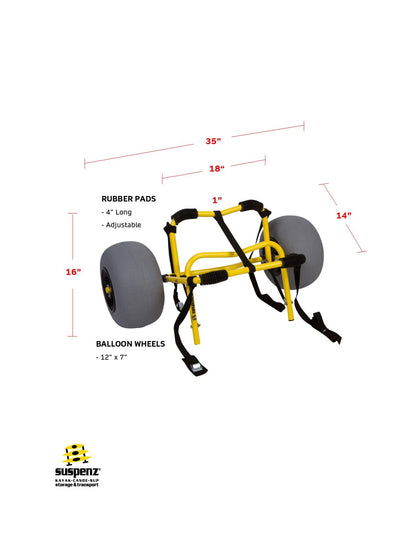 Suspenz Kayak Beach Cart Trailer, DLX Canoe Trolley with Balloon Wheels Sand Tires and Straps, Yellow, Flat Platform, 22-7044