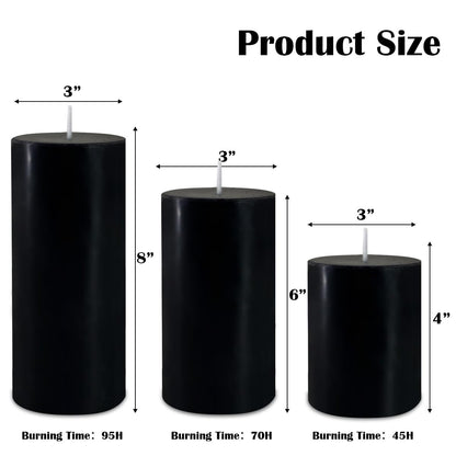 Black Pillar Candles Set of 3 - Dripless Unscented - 3x4, 3x6 & 3x8 inches Decorative Candles for Home Decor & Table Centerpieces