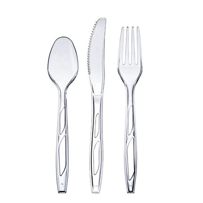 GUSTO [192 Combo Pack] Premium Heavyweight Disposable Clear Plastic Silverware - 64 Forks, 64 Spoons, 64 Knives, plastic utensils, Cutlery Set for Parties, Events, and Catering