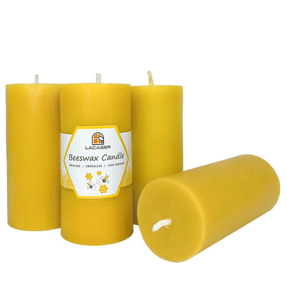 4 Pack Beeswax Pillar Candles Bulk, 100% Pure Beeswax Candles, 2X4 inch Bees Wax Candle for Home,Burning Time 160 Hours Total, Unscented & Dripless, Natural Yellow by Lacaser