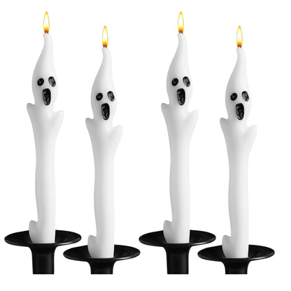 Halloween Ghost Candles Set, Cute Spooky White Taper Candles with Ghost Face for Halloween Decorations, Haunted House, Party Table Centerpiece, Gothic Home Decor, Trick or Treat Supplies (4PCS)