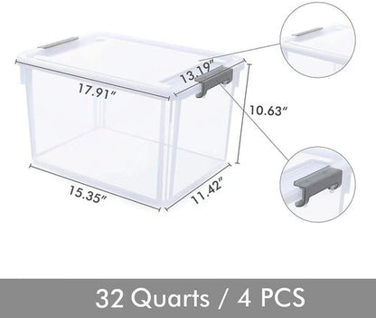 Citylife 32 QT Plastic Storage Bins - Stackable Latching Containers for Garage, Closet & Kitchen | 4 Pack