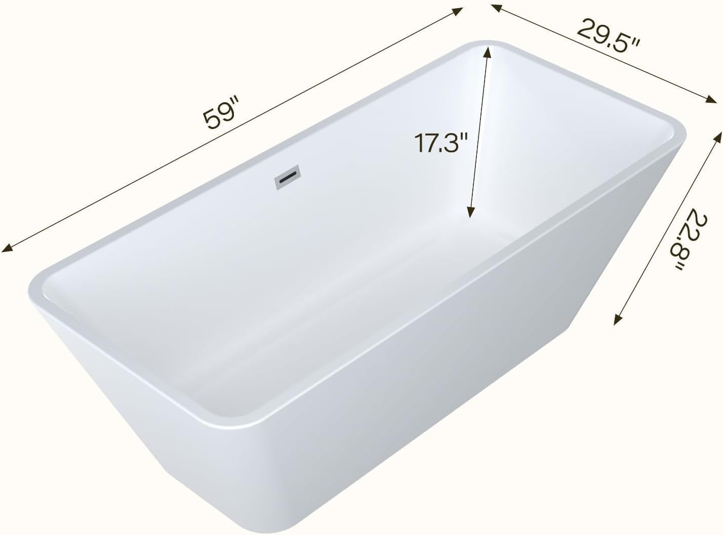 59" Freestanding Bathtub, Modern Soaking Bathtub, Freestanding Rectangular Tub with Non-Slip Base and Easy Drain, Deep Design for Adults, Ideal for Bathroom Relaxation, Chrome Drain, White