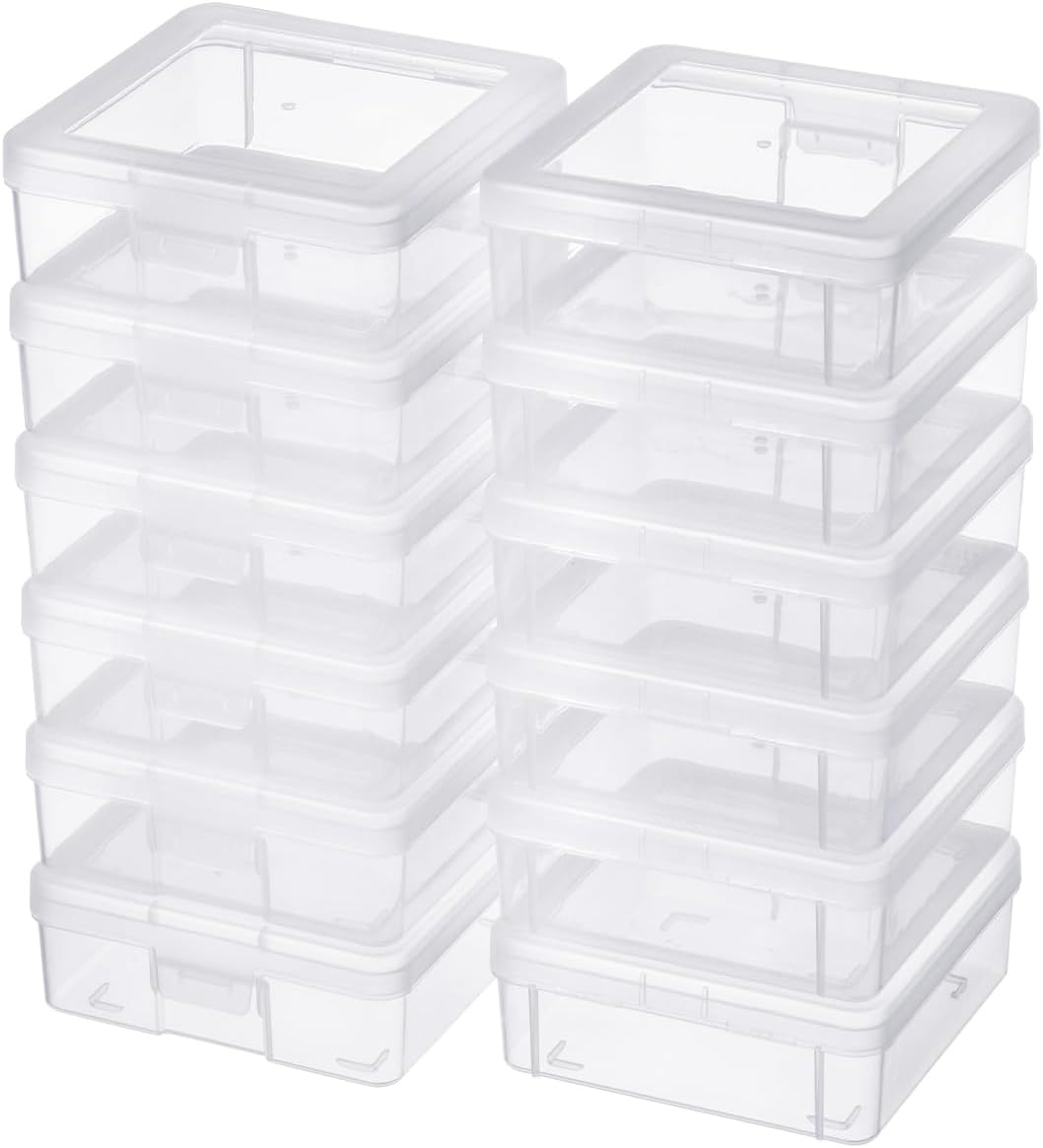Storage Containers 12-Pack by [Brand Name] - Clear Stackable Plastic Boxes with Latching Lid | 5” x 5” x 1.9”