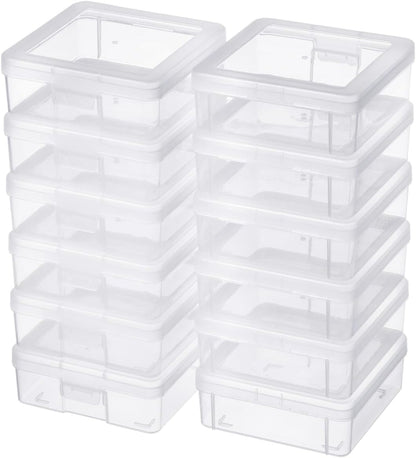 Storage Containers 12-Pack by [Brand Name] - Clear Stackable Plastic Boxes with Latching Lid | 5” x 5” x 1.9”