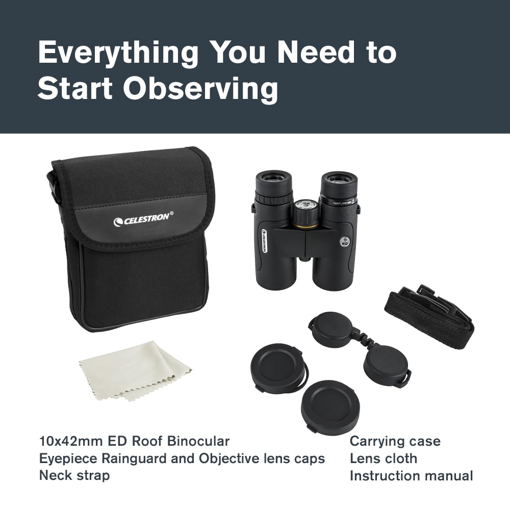 Celestron–Nature DX ED 10x42 Premium Binoculars –Extra-Low Dispersion Objective Lenses –Outdoor and Birding Binocular–Fully Multi-Coated with BaK-4 Prisms–Rubber Armored – Fog & Waterproof Binoculars