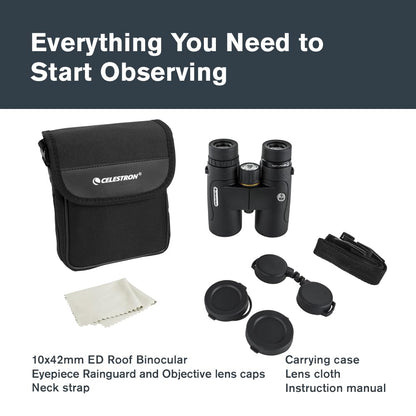 Celestron–Nature DX ED 10x42 Premium Binoculars –Extra-Low Dispersion Objective Lenses –Outdoor and Birding Binocular–Fully Multi-Coated with BaK-4 Prisms–Rubber Armored – Fog & Waterproof Binoculars