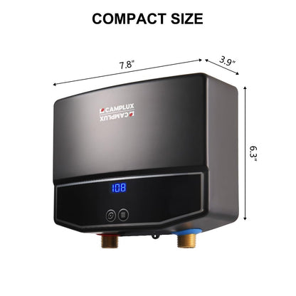 CAMPLUX Tankless Water Heater Electric 3.5kW 120V, Point-of-Use Hot Water Heater Digital Display, Self-modulating, Overheating Protection, Black