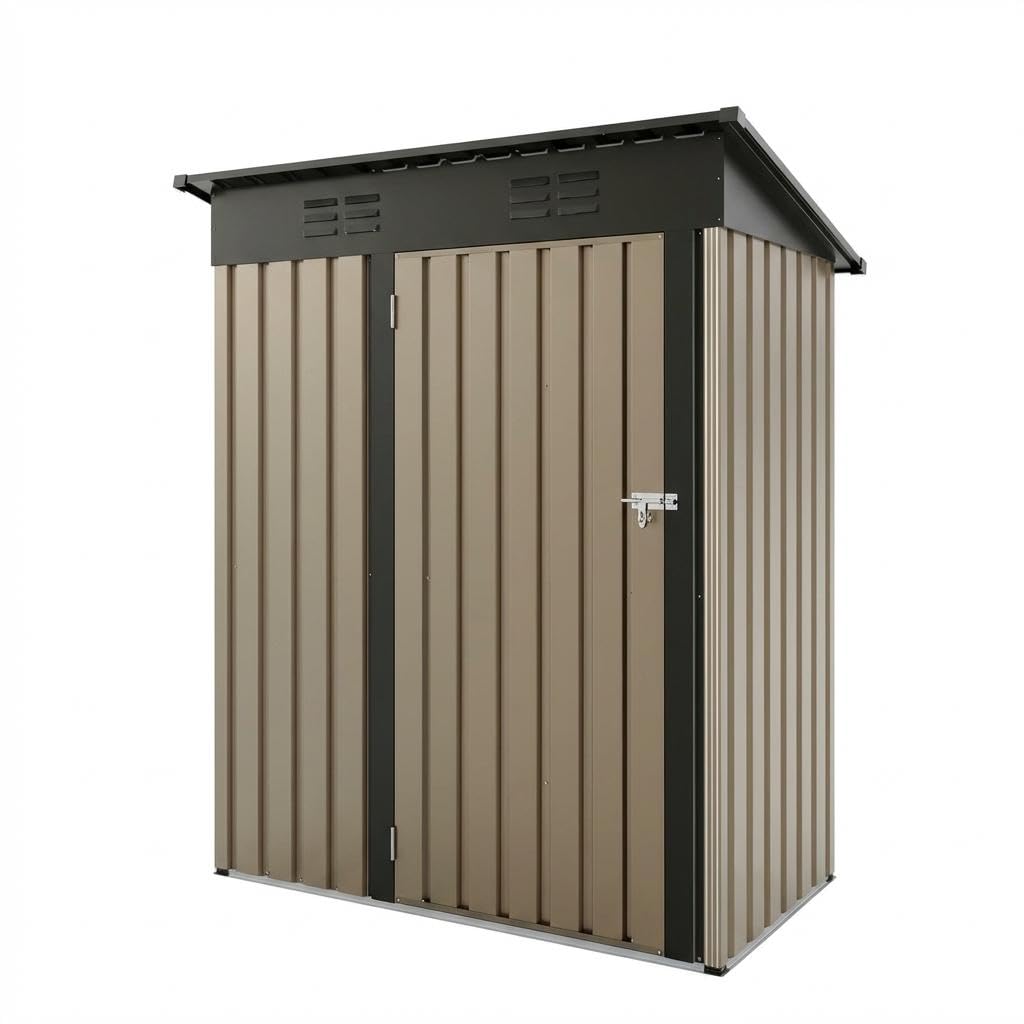 5x3Ft Outdoor Storage Shed, Metal Tool Shed with Lockable Door & Sloped Roof, Weatherproof, Compact Garden Storage Shed for Backyard, Patio, Lawn, or Tools & Equipment, Brown