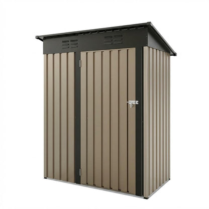 5x3Ft Outdoor Storage Shed, Metal Tool Shed with Lockable Door & Sloped Roof, Weatherproof, Compact Garden Storage Shed for Backyard, Patio, Lawn, or Tools & Equipment, Brown