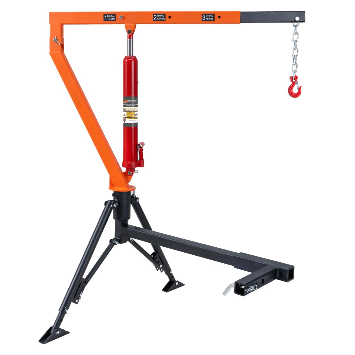 Rugcel 1500 lb Stretchable Receiver Hitch Mounted Hydraulic Swivel Pickup Truck Crane, with Three Boom Capacities of 750 lb, 1000 lb and 1500 lb (Hitch Crane 1500LB)