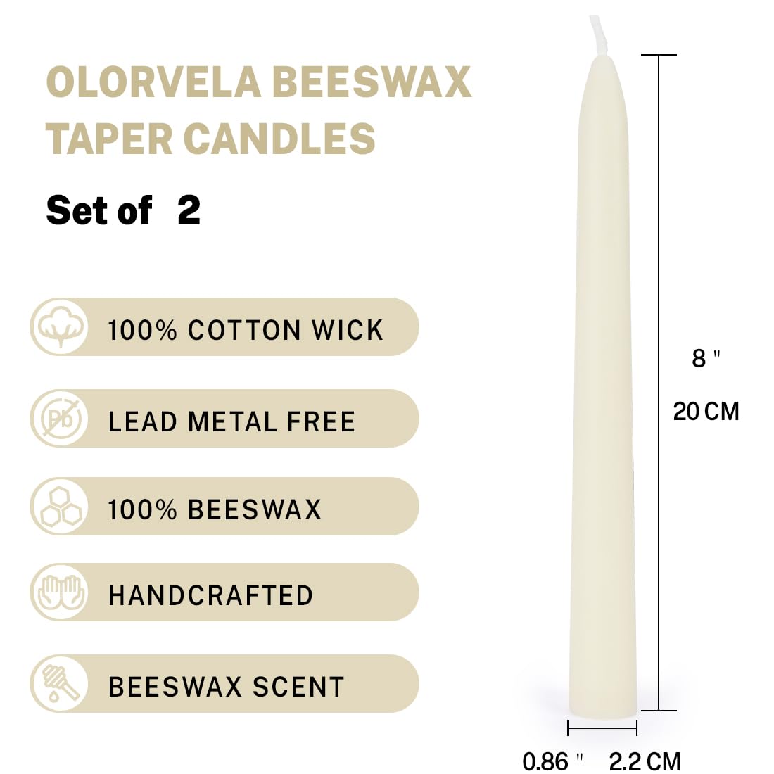 Olorvela White Beeswax Taper Candles,8" Long Candlestick,smokeless dripless unscented Natural Beeswax Candles.for Gift,Mother's Day (White, 12 Pack)