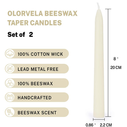 Olorvela White Beeswax Taper Candles,8" Long Candlestick,smokeless dripless unscented Natural Beeswax Candles.for Gift,Mother's Day (White, 12 Pack)