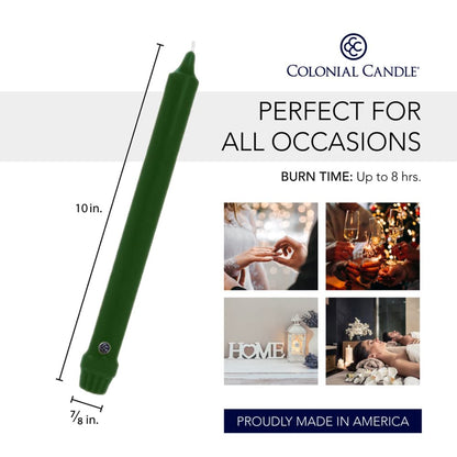 Colonial Candle Unscented Taper Candle, Classic Collection, Evergreen, 10 in, Pack of 6 Candlesticks - Up to 8 Hours Burn