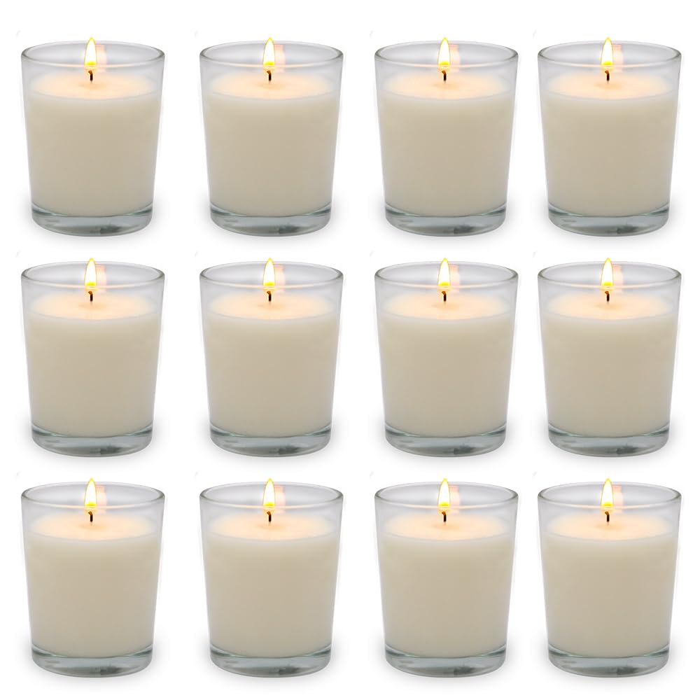 Set of 12 White Votive Candles for Home Décor Weddings Holidays Party and DIY, Unscented Soy Wax Candle Filled in Clear Glass