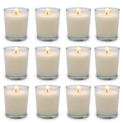 Set of 12 White Votive Candles for Home Décor Weddings Holidays Party and DIY, Unscented Soy Wax Candle Filled in Clear Glass